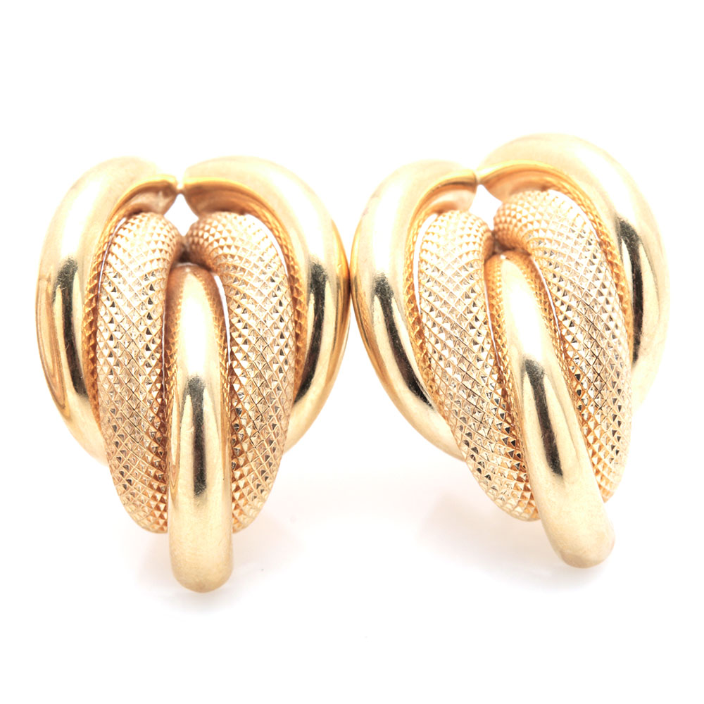 Two Pairs of 14K Yellow Gold and 14K Tri-Gold Hoop Earrings