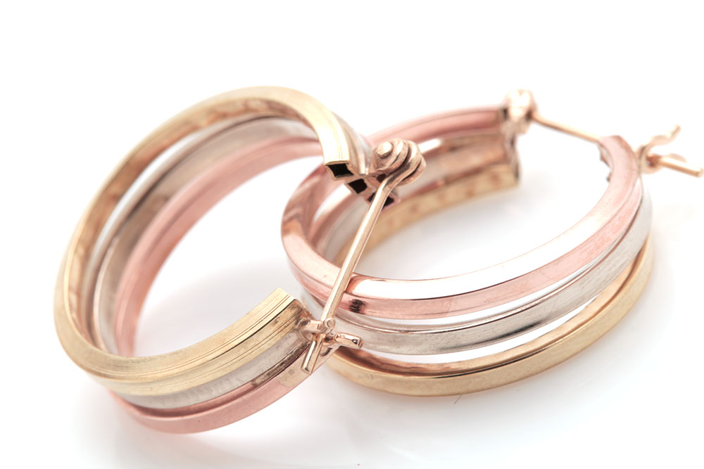 Two Pairs of 14K Yellow Gold and 14K Tri-Gold Hoop Earrings