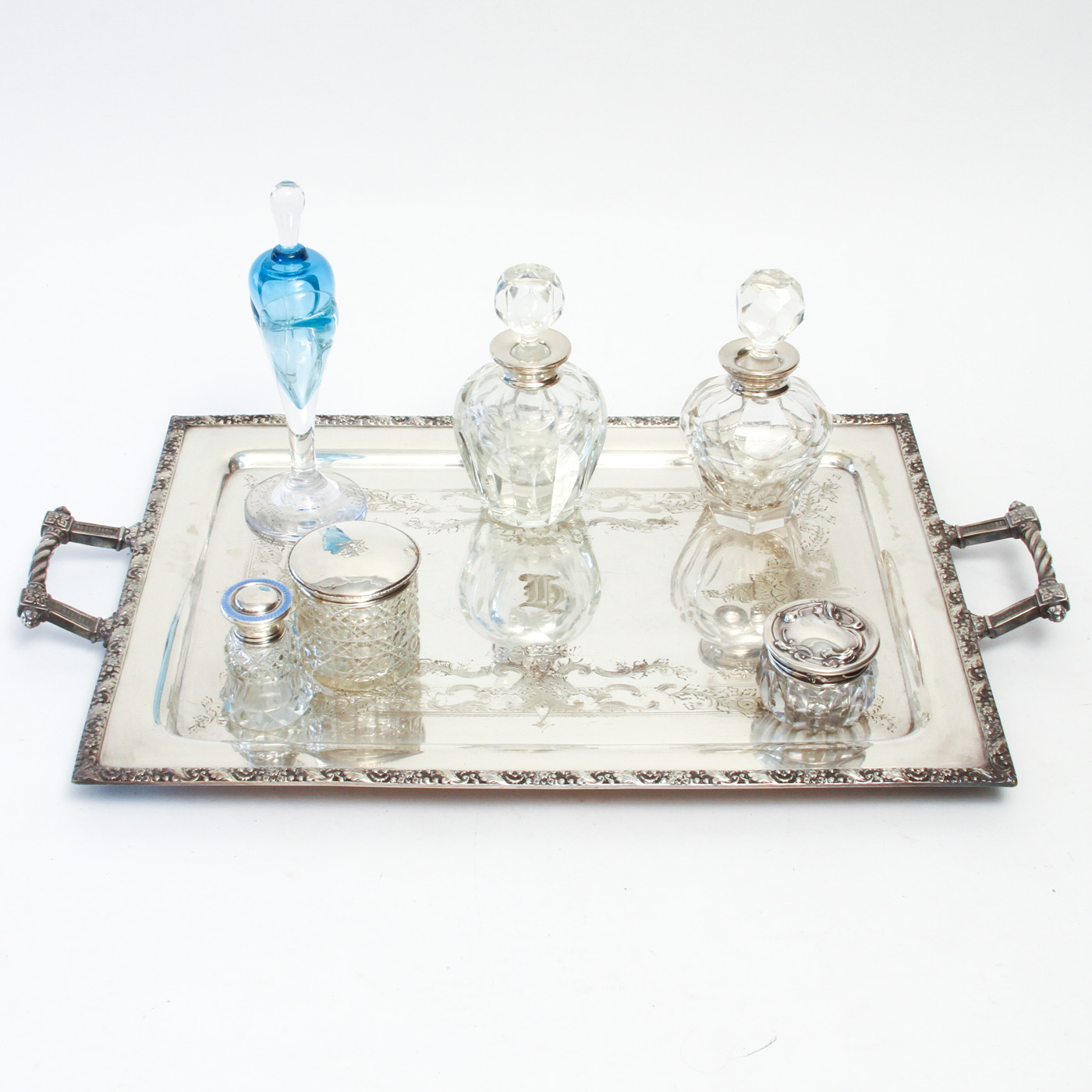Vintage Jenkins & Tim Silver Plated Vanity Tray with Crystal Perfume Bottles and Jars Including Lappas