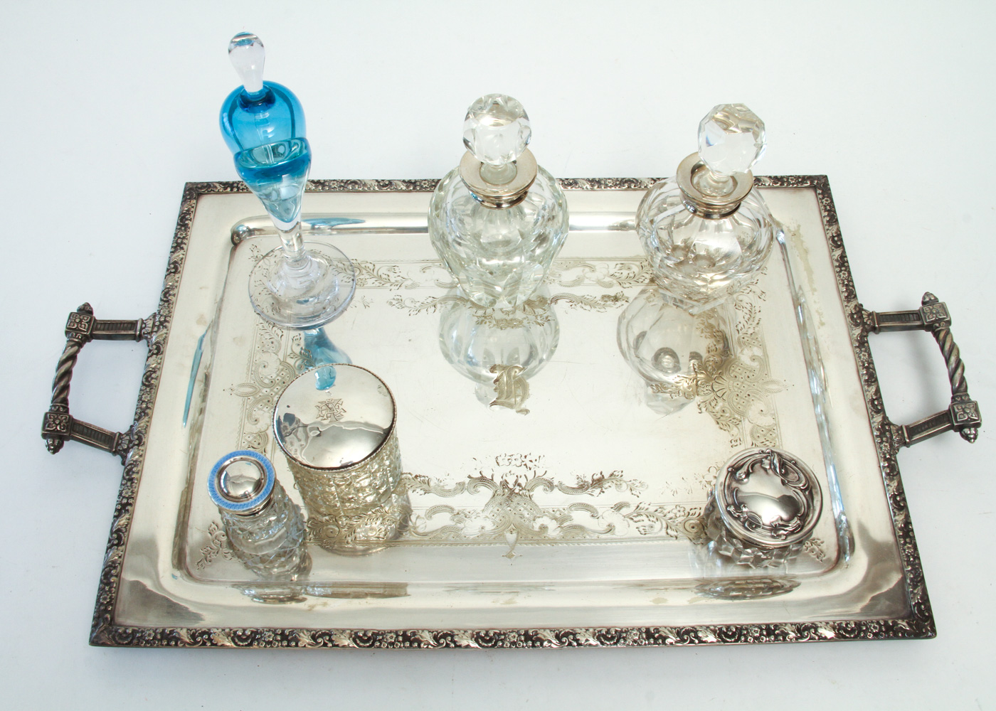 Vintage Jenkins & Tim Silver Plated Vanity Tray with Crystal Perfume Bottles and Jars Including Lappas