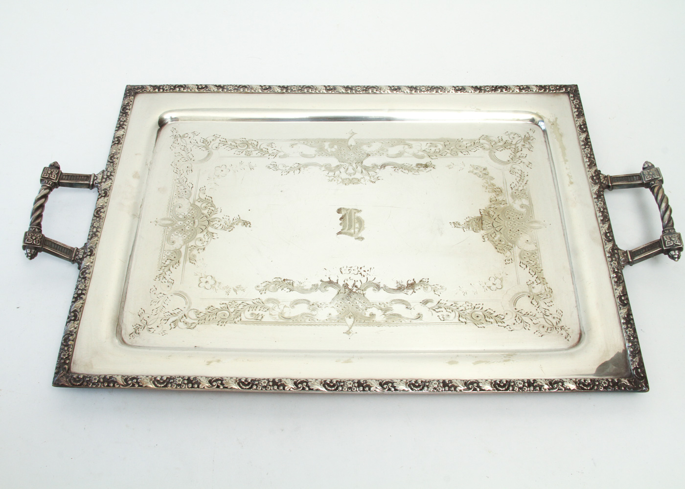 Vintage Jenkins & Tim Silver Plated Vanity Tray with Crystal Perfume Bottles and Jars Including Lappas