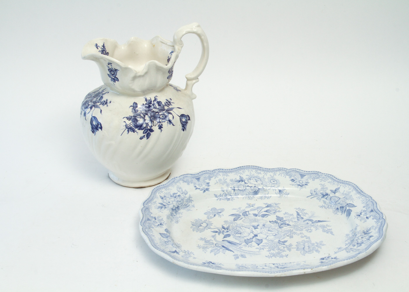 Pair of Vintage Blue Transferware China Pieces Including Burleigh's "Asiatic Pheasants"
