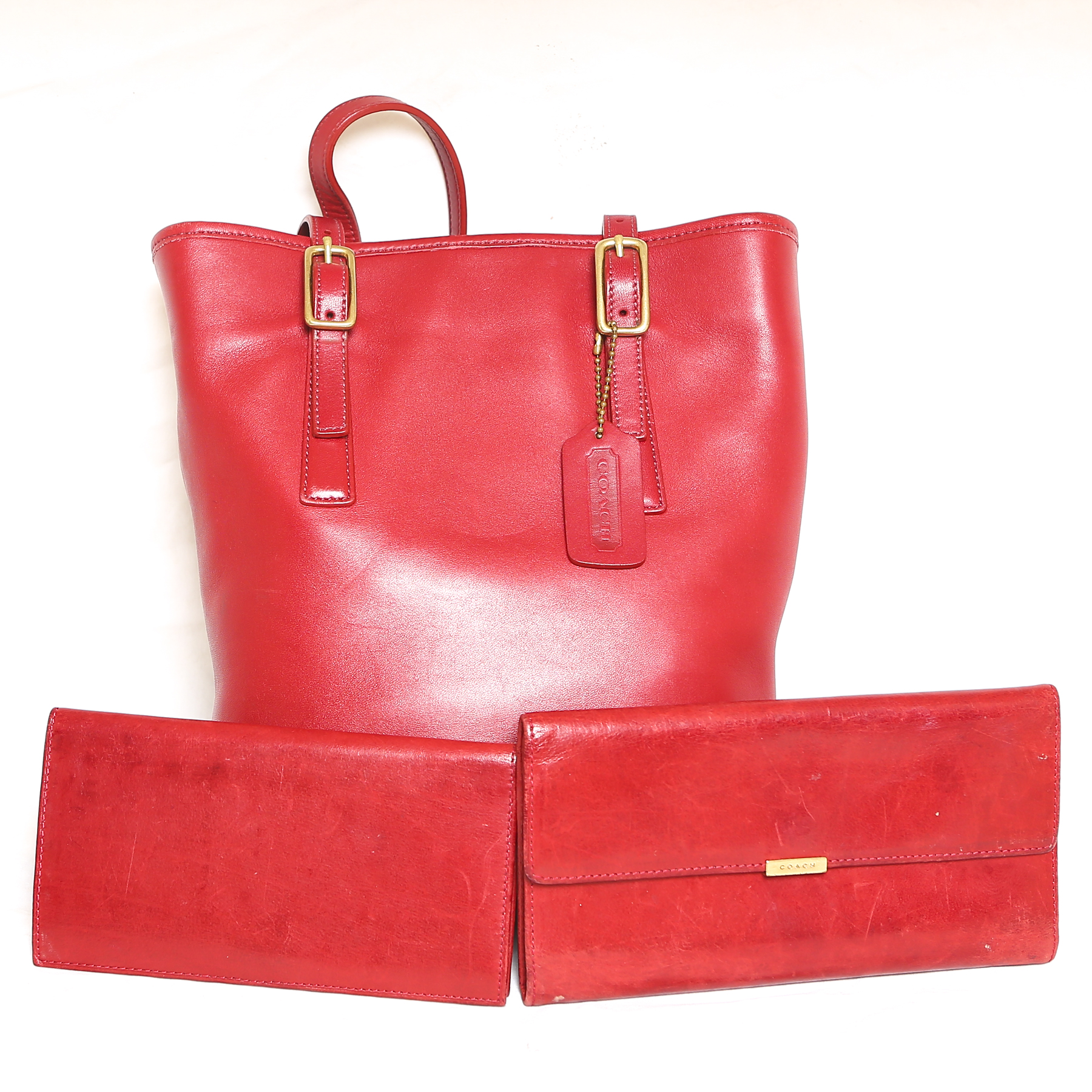 Red Leather Coach Bucket Bag with Wallet and Checkbook