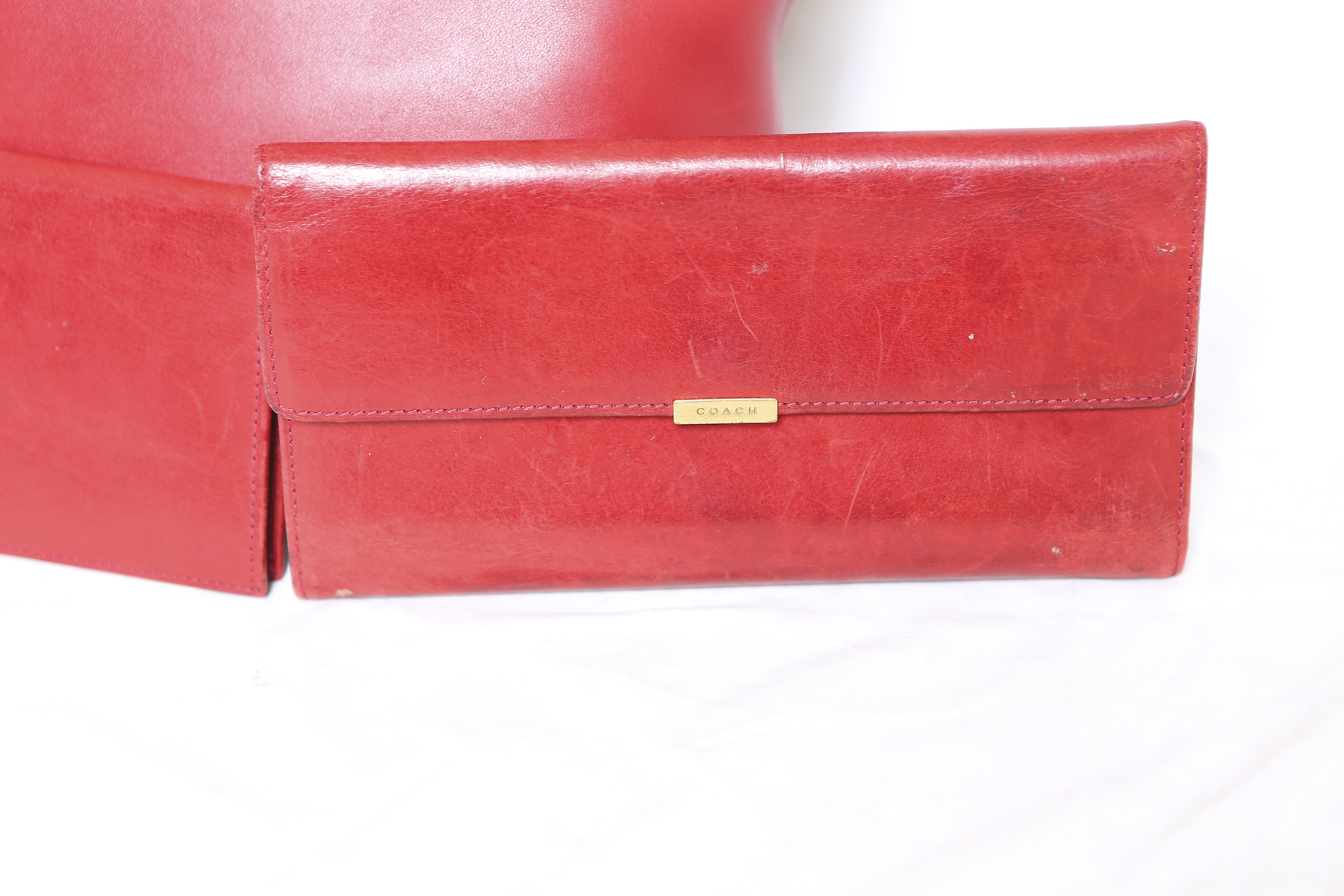Red Leather Coach Bucket Bag with Wallet and Checkbook
