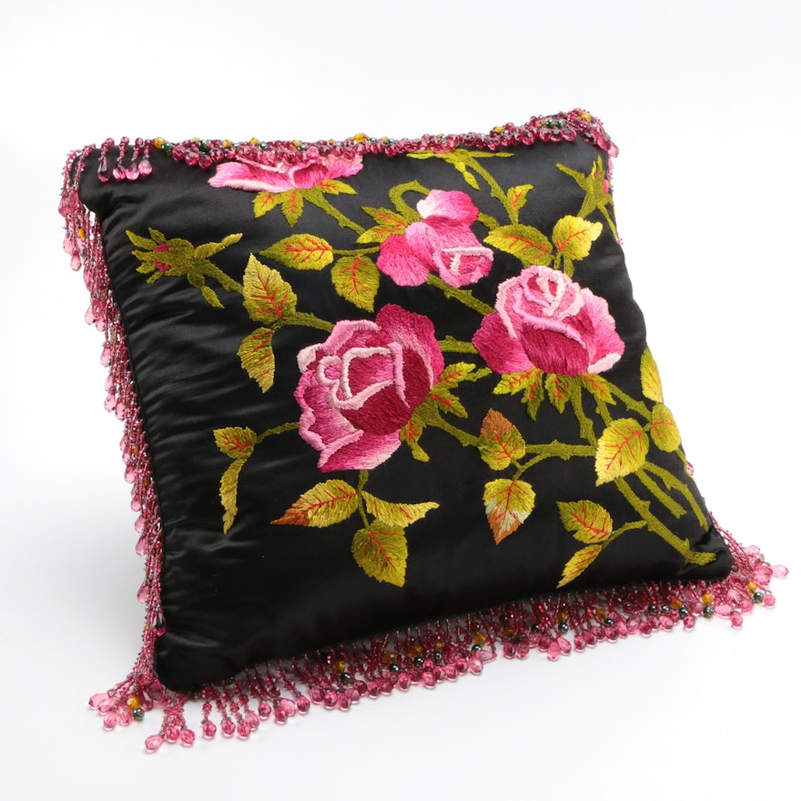 Beaded and Embroidered Floral Pillow