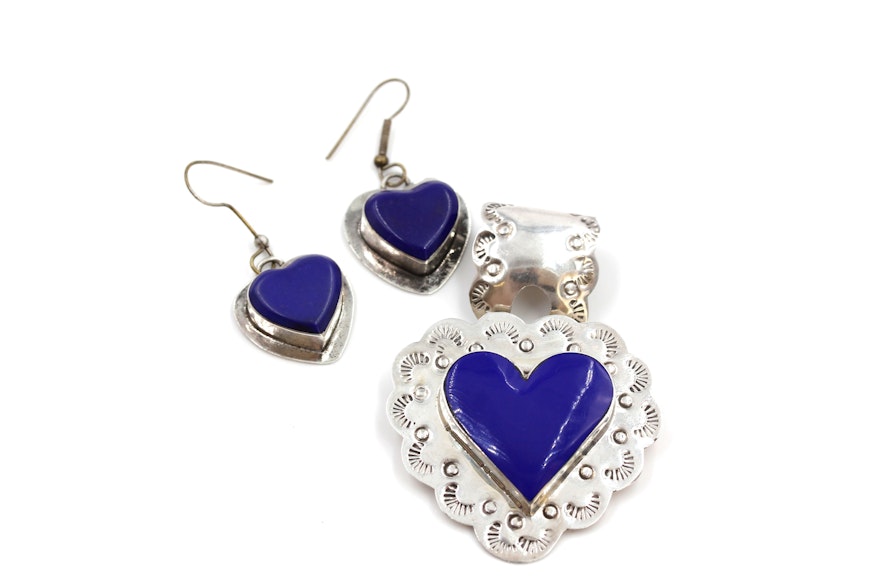 Sterling Silver Blue Chalcedony Heart Pendant and Earrings