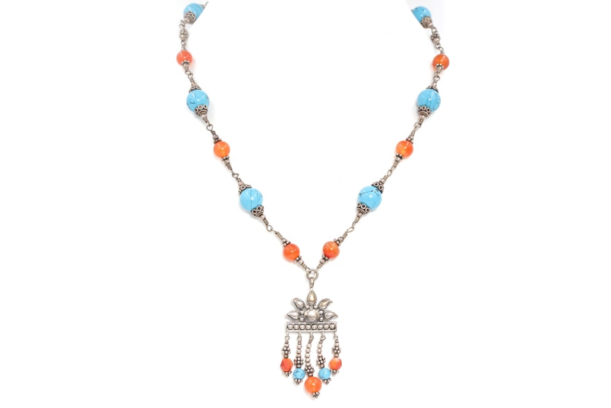 Sterling Silver Imitation Turquoise and Orange Agate Necklace