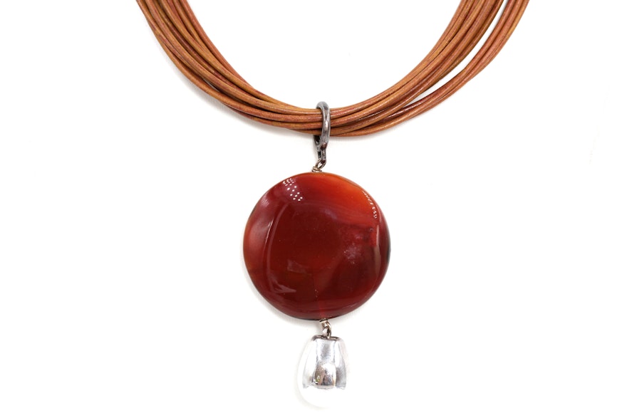 Leather Cord Sterling Silver and Agate Pendant Necklace