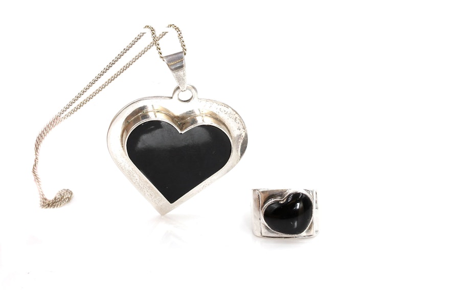 Sterling Silver Black Onyx Heart Ring and Pendant Necklace