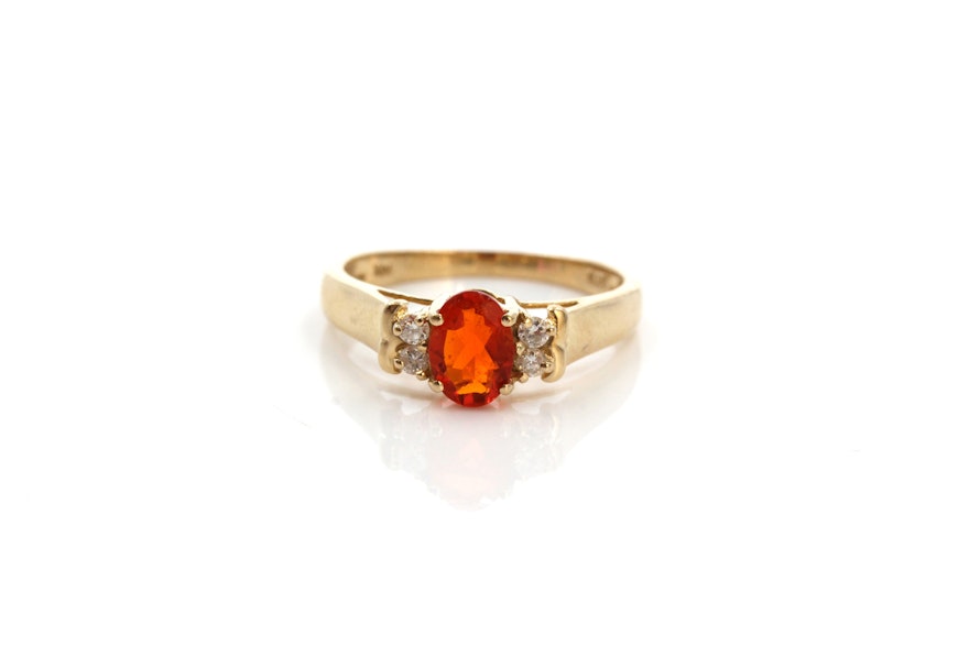 14K Yellow Gold Fire Opal and Diamond Ring