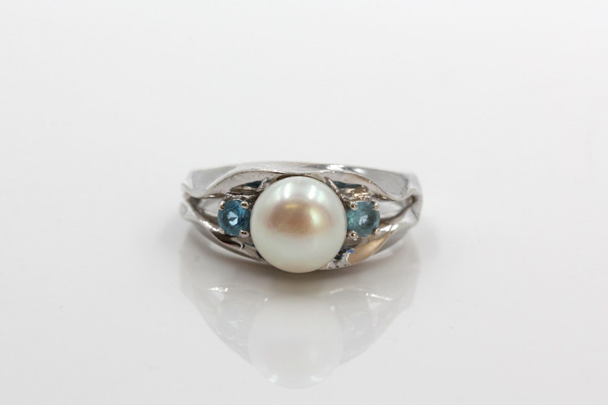 Sterling Silver Pearl and Blue Topaz Ring