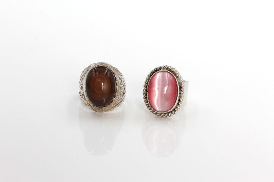 Sterling Silver Agate and Pink Stone Ring