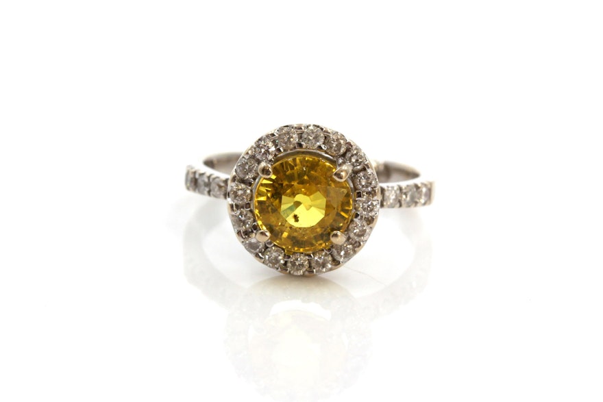 18K White Gold 1.95 CTS Yellow Sapphire and Diamond Ring