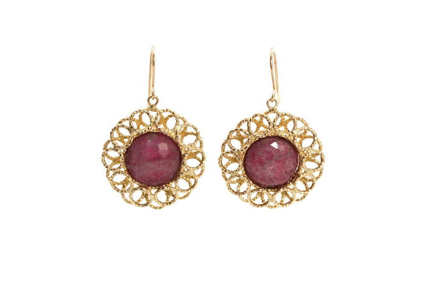 14K Yellow Gold Quench Crackled Ruby Colored Quartz Earrings