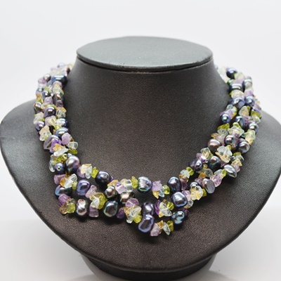 Dyed Freshwater Pearl Necklace and Tumbled Beads With 14K Yellow Gold Clasp