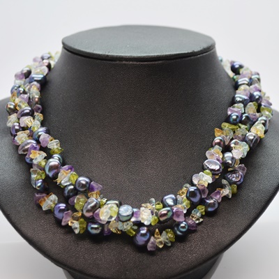 Dyed Freshwater Pearl Necklace and Tumbled Beads With 14K Yellow Gold Clasp