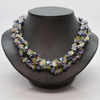 Dyed Freshwater Pearl Necklace and Tumbled Beads With 14K Yellow Gold Clasp