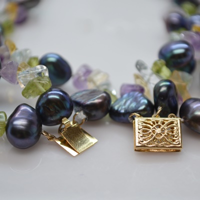 Dyed Freshwater Pearl Necklace and Tumbled Beads With 14K Yellow Gold Clasp