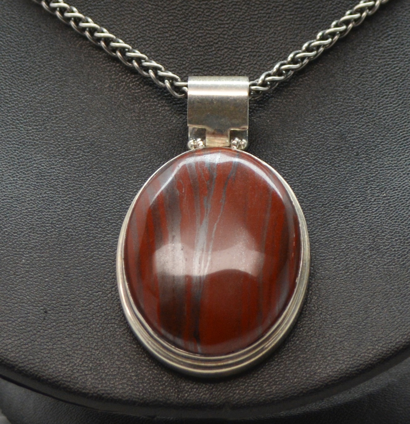 Sterling Silver Iron Jasper Pendant Necklace and Hammered Dangle Clip-On Earrings