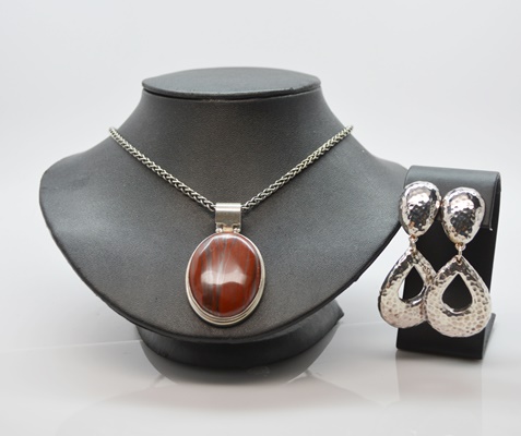Sterling Silver Iron Jasper Pendant Necklace and Hammered Dangle Clip-On Earrings