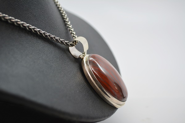 Sterling Silver Iron Jasper Pendant Necklace and Hammered Dangle Clip-On Earrings