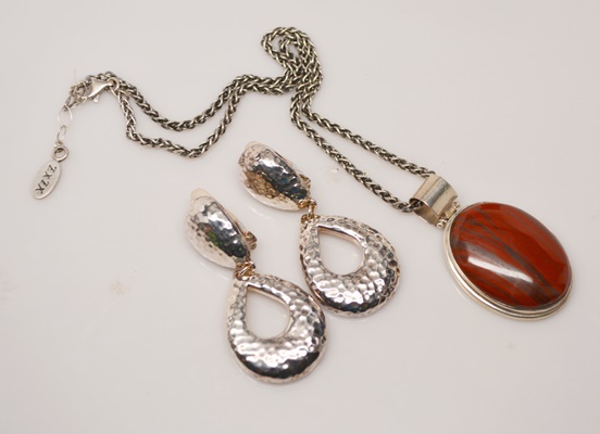 Sterling Silver Iron Jasper Pendant Necklace and Hammered Dangle Clip-On Earrings