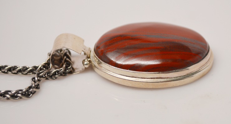 Sterling Silver Iron Jasper Pendant Necklace and Hammered Dangle Clip-On Earrings