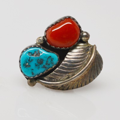 Sterling Silver Synthetic Opal Ring and Base Metal Turquoise and Coral Tie Tack