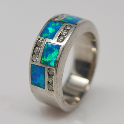 Sterling Silver Synthetic Opal Ring and Base Metal Turquoise and Coral Tie Tack