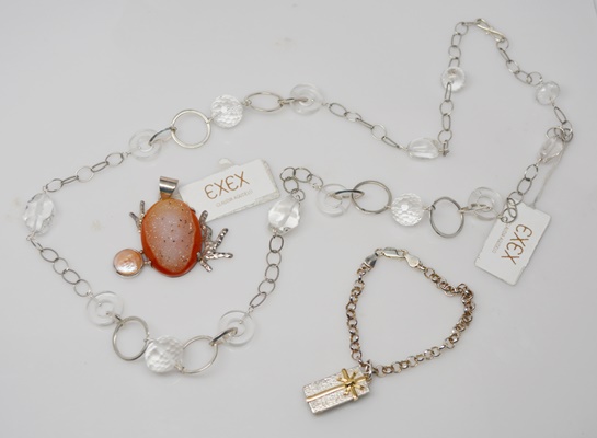 Sterling Silver Quartz Necklace, Druzy Agate Pendant and Charm Bracelet