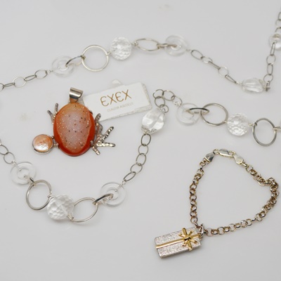 Sterling Silver Quartz Necklace, Druzy Agate Pendant and Charm Bracelet