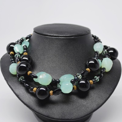 Black Onyx and Aquapras Gold Tone Bead Necklace