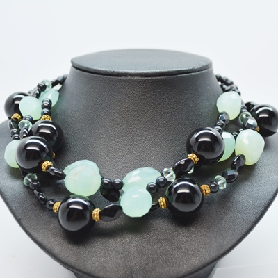 Black Onyx and Aquapras Gold Tone Bead Necklace
