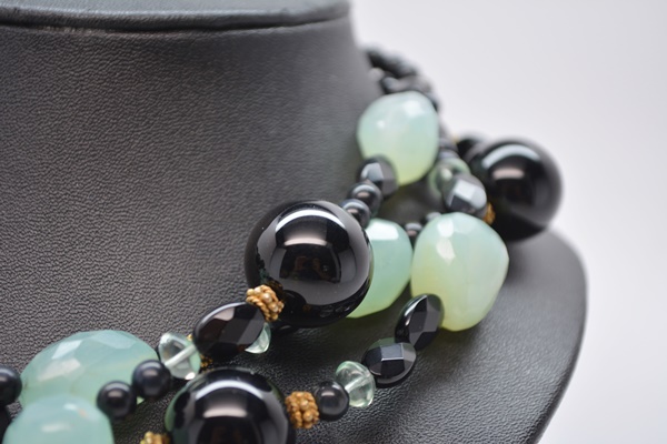 Black Onyx and Aquapras Gold Tone Bead Necklace