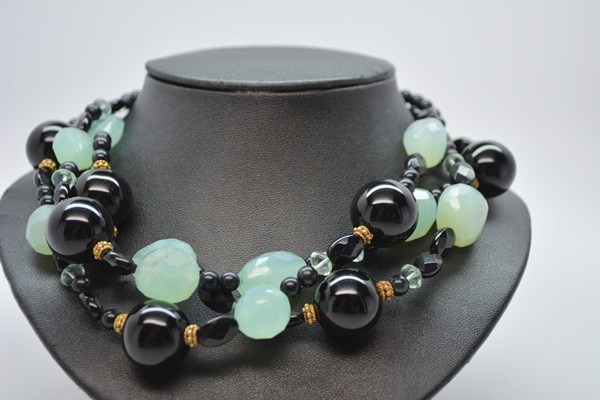 Black Onyx and Aquapras Gold Tone Bead Necklace