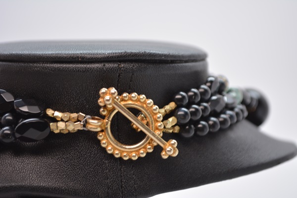 Black Onyx and Aquapras Gold Tone Bead Necklace