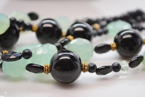 Black Onyx and Aquapras Gold Tone Bead Necklace