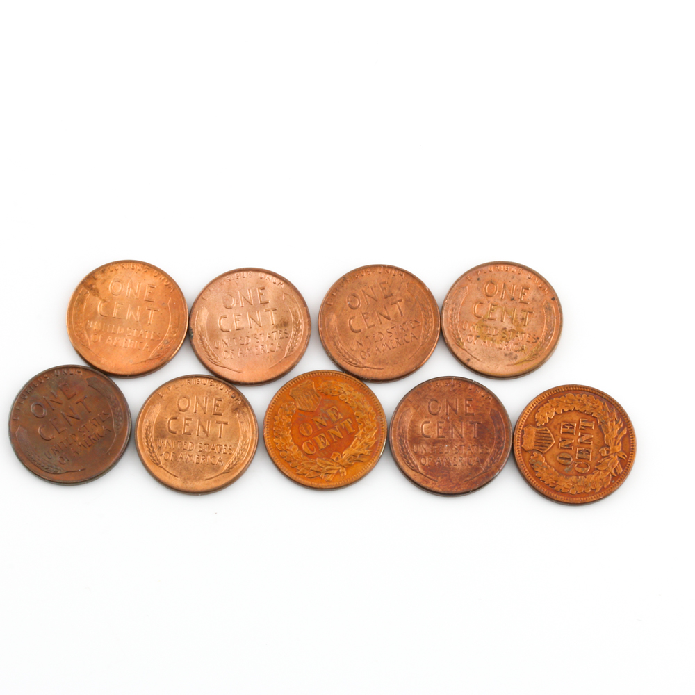 Seven Lincoln Wheat Cents and Two Indian Head Cents
