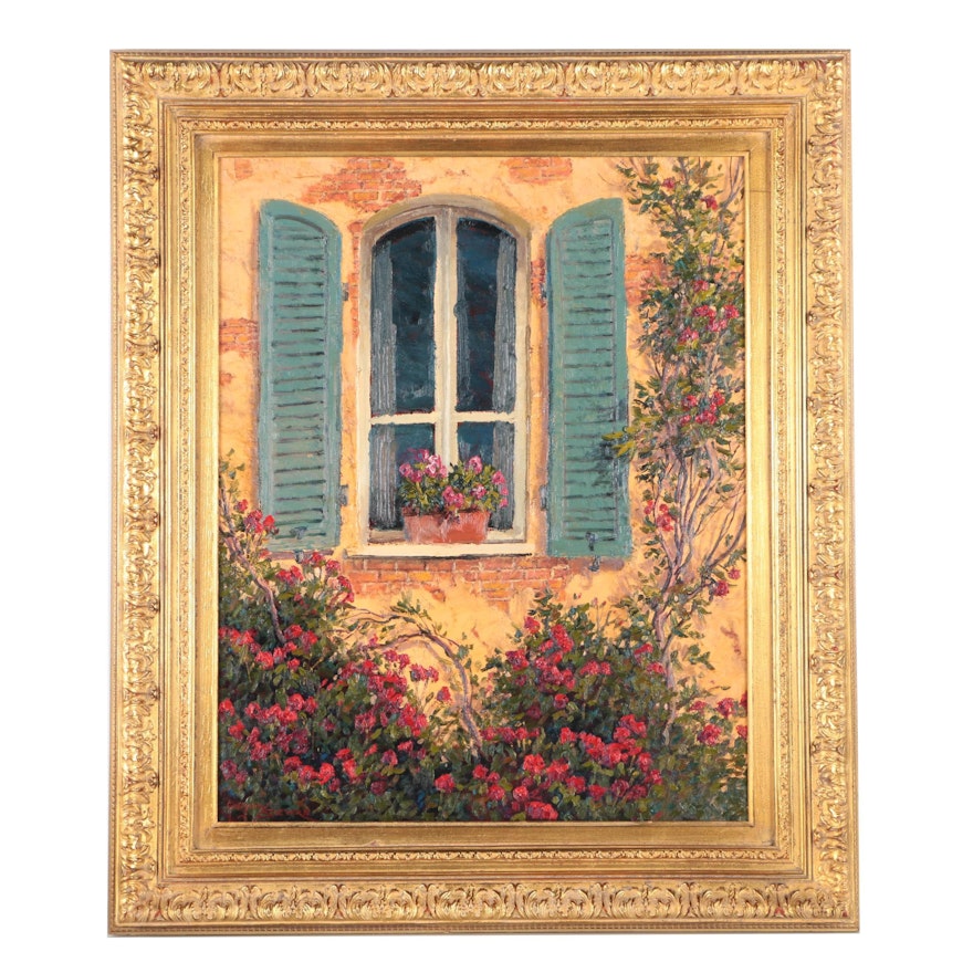 Gregory Sievers Oil Painting on Canvas of Window Surrounded by Blossoms