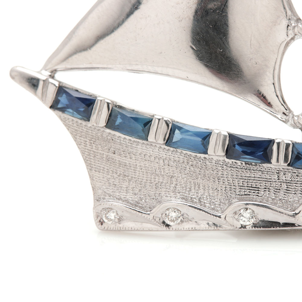 18K White Gold Sailboat Brooch Featuring Diamonds and Sapphires