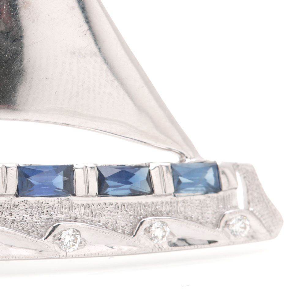 18K White Gold Sailboat Brooch Featuring Diamonds and Sapphires