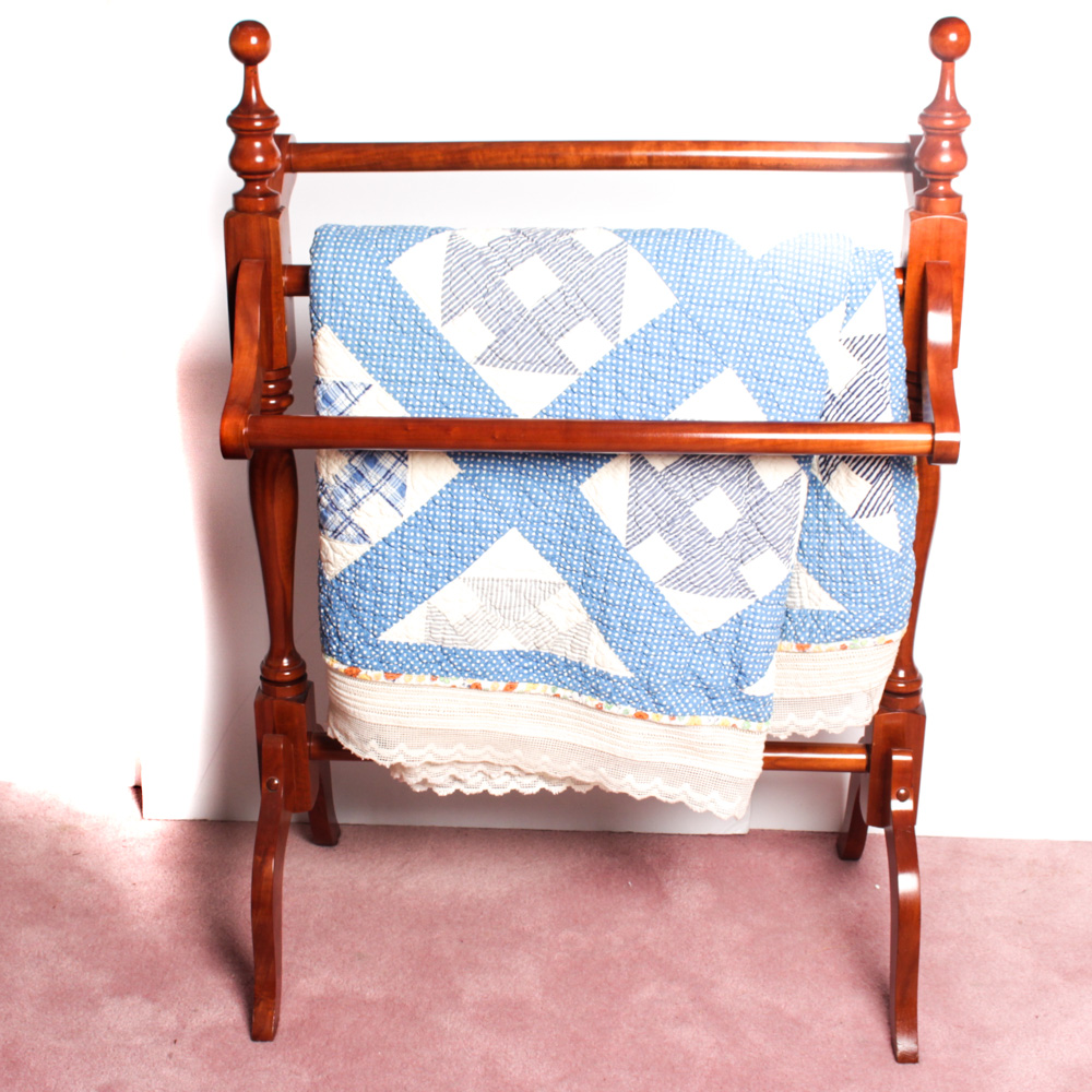 Vintage Handmade Quilt with Colonial Style Quilt Stand