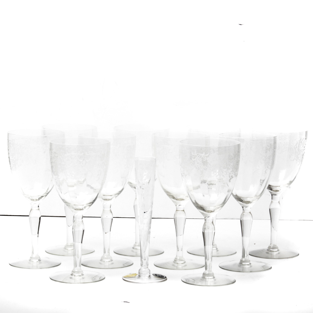 Vintage Tiffin Etched Crystal Stemware With Franciscan Bud Vase