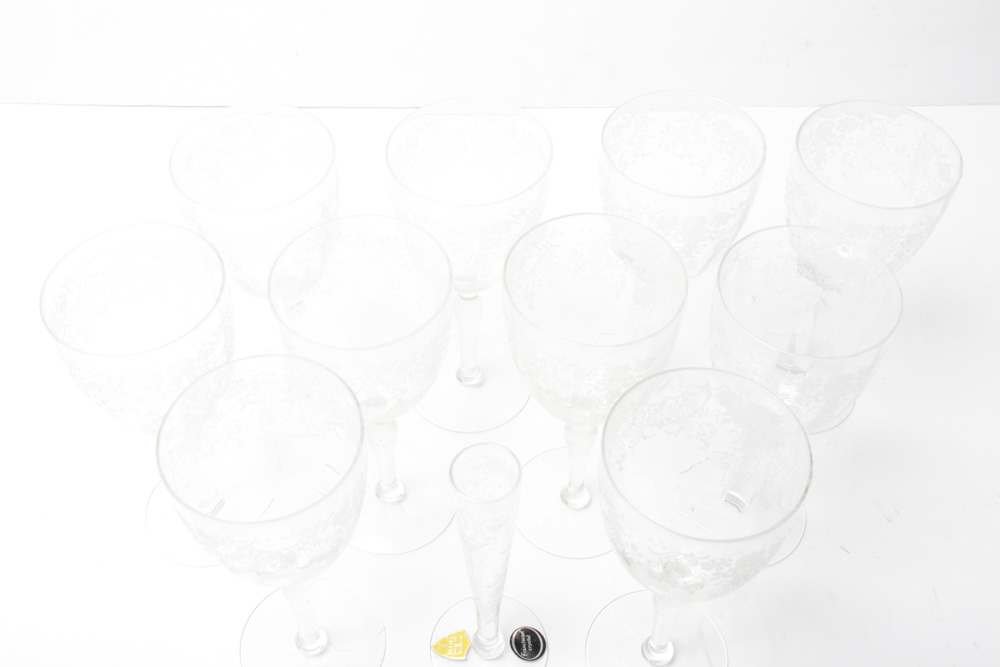 Vintage Tiffin Etched Crystal Stemware With Franciscan Bud Vase