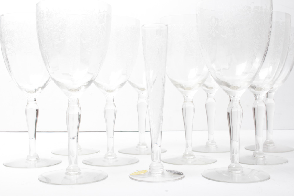 Vintage Tiffin Etched Crystal Stemware With Franciscan Bud Vase