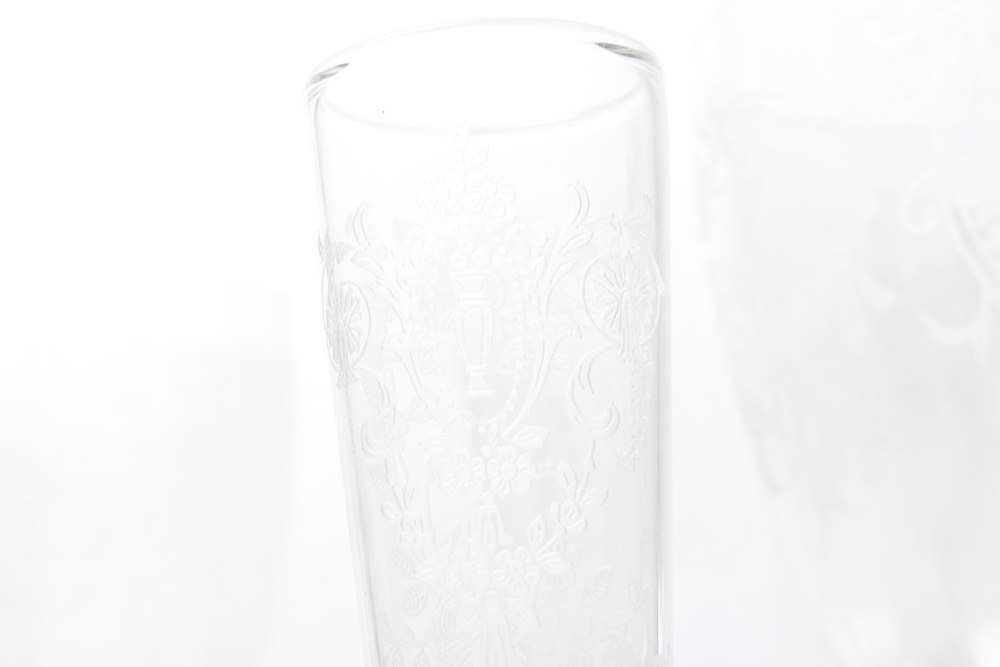 Vintage Tiffin Etched Crystal Stemware With Franciscan Bud Vase