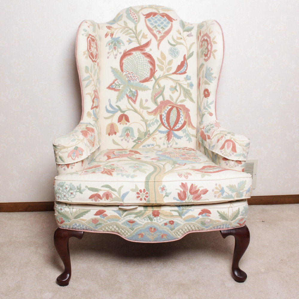 Vintage Woodmark Original Crewel Embroidered Wingback Chair