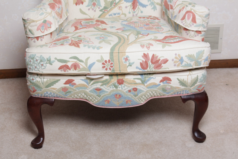 Vintage Woodmark Original Crewel Embroidered Wingback Chair