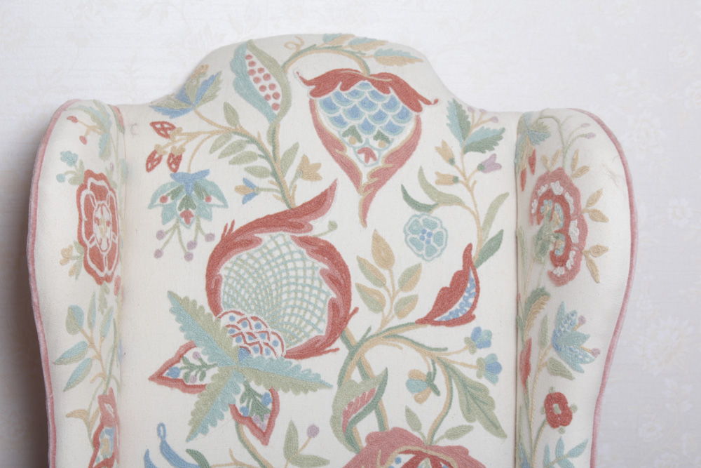 Vintage Woodmark Original Crewel Embroidered Wingback Chair