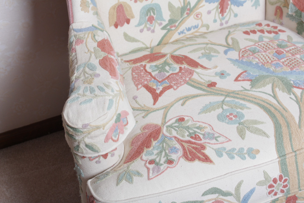 Vintage Woodmark Original Crewel Embroidered Wingback Chair